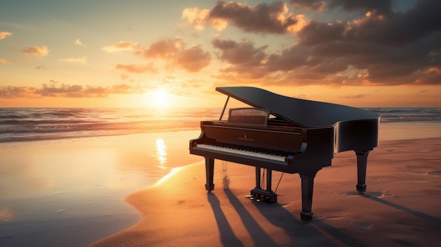 Praia idílica ao pôr do sol com piano aberto