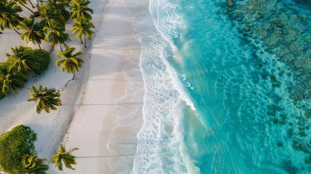 Praia incrível com areia branca e palmeiras a água é cristalina e azul o sol está brilhando e não há pessoas na praia