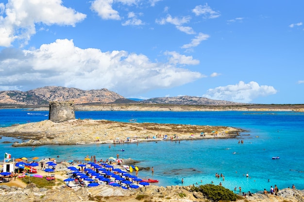 Praia La Pelosa Stintino na Sardenha, Itália. Águas transparentes e azuladas.