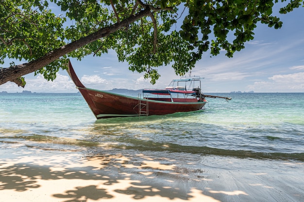 Praia linda com água azul e barco