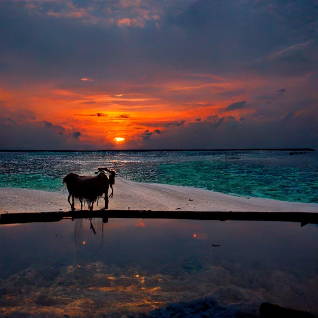 Praia luxuosa das Maldivas com cabras e taças de vinho com foto épica do pôr do sol