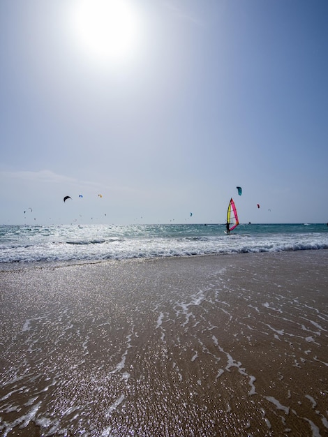 Praia na costa da luz Irreconhecível velejando com seu windsurf irreconhecível kitesurf