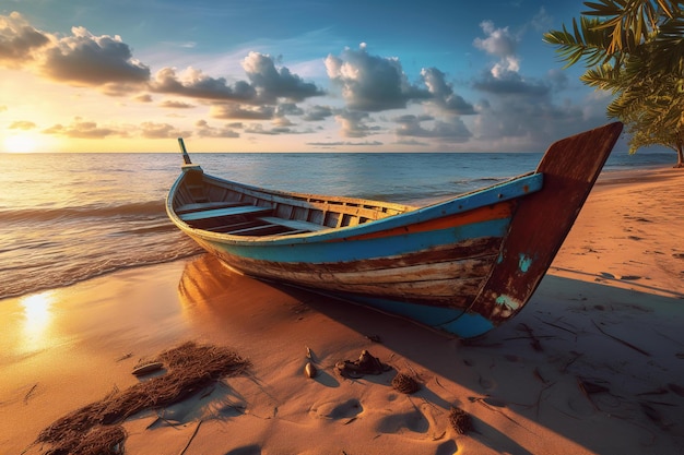 Praia panorâmica do pôr do sol no paraíso de verão com barco de madeira