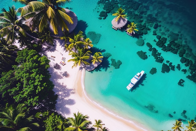 Praia paradisíaca de uma ilha tropical palmeiras areia branca água azul Drone view Generative AI