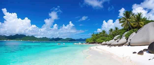 Praia paradisíaca de uma ilha tropical palmeiras areia branca água azul Famosa praia de pedra