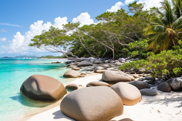 Praia paradisíaca de uma ilha tropical palmeiras areia branca água azul Famosa praia de pedra