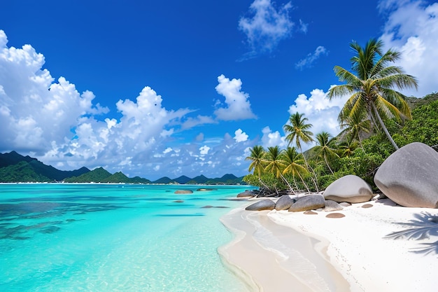 Praia paradisíaca de uma ilha tropical palmeiras areia branca água azul Famosa praia de pedra