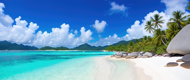 Praia paradisíaca de uma ilha tropical palmeiras areia branca água azul Famosa praia de pedra