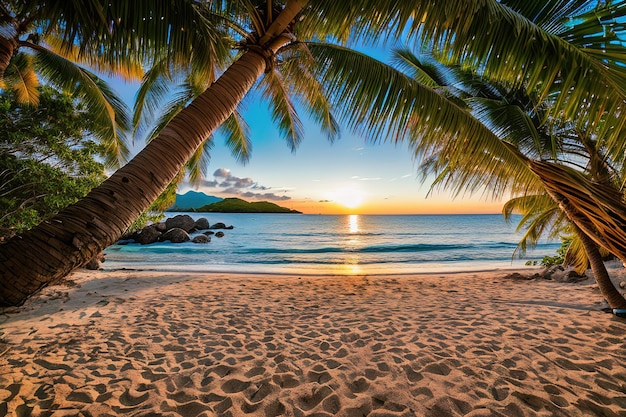 Praia paradisíaca de uma ilha tropical palmeiras areia branca água azul Generative AI