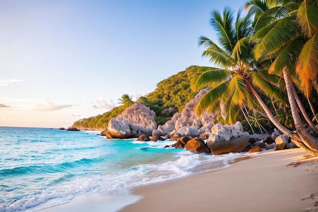 Praia paradisíaca de uma ilha tropical palmeiras areia branca água azul Generative AI