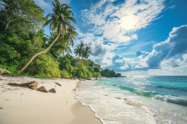 Praia paradisíaca tropical e ensolarada do Caribe com areia branca e palmeiras