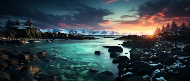 Praia rochosa ao pôr-do-sol com montanhas cobertas de neve à distância