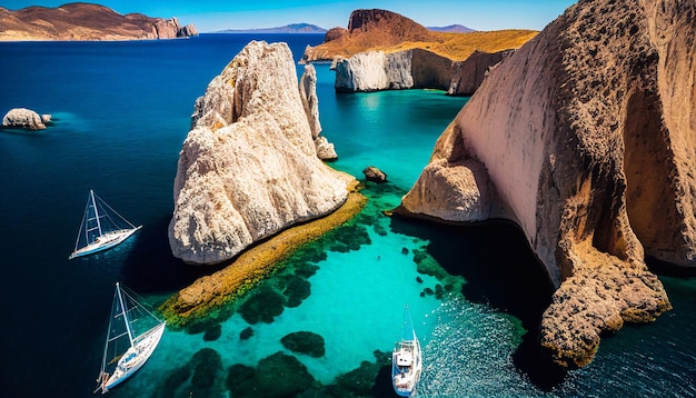 Praia rochosa na lagoa azul. Cenário da praia da lagoa. Uma praia profunda na lagoa. Vista de uma praia rochosa tropical. Costa do mar íngreme. Ondas turquesa em uma ilha desabitada. ilustração. IA generativa