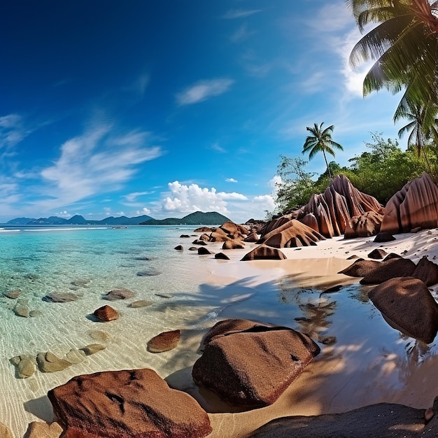 Praia rochosa panorâmica com águas azuis e Seychelles