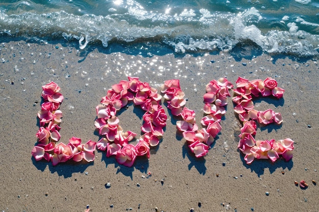Foto praia romântica do amor pétalas de rosa na ampla costa pragma