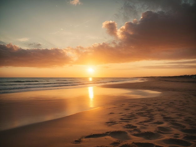 praia serena ao pôr do sol com ondas batendo suavemente na costa palmeiras balançando na brisa