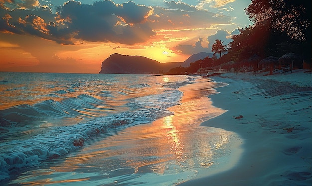 Praia tranquila ao pôr-do-sol Serenidade em ação