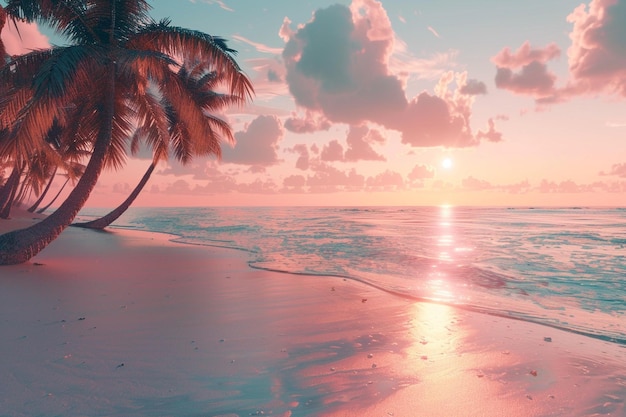 Praia tranquila com palmeiras e uma cor pastel