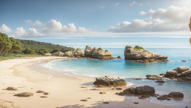 Praia tranquila com pedras e água