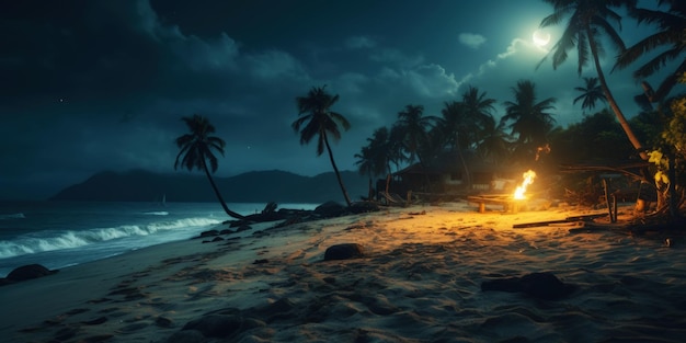 Praia tropical à noite com palmeiras e bungalows Seascape Generative AI