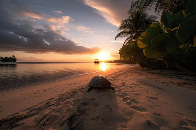 Praia tropical ao pôr do sol tartaruga descansando generativa IA