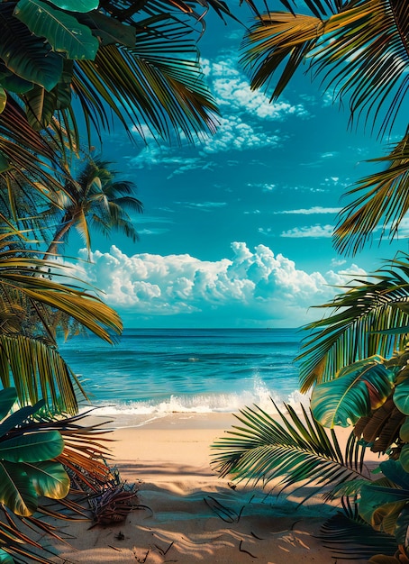 Praia tropical coberta de sol, com areia branca e palmeiras exuberantes, ideal para férias relaxantes