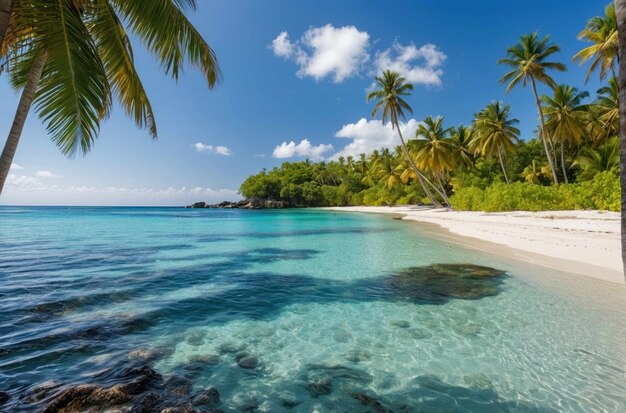 Praia tropical com águas claras e turquesa