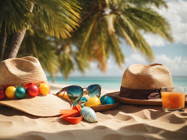 Praia tropical com fundo de férias de verão de acessórios para banhos de sol