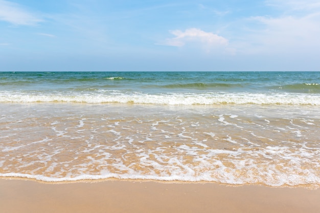 Praia tropical com oceano verde e onda pequena.