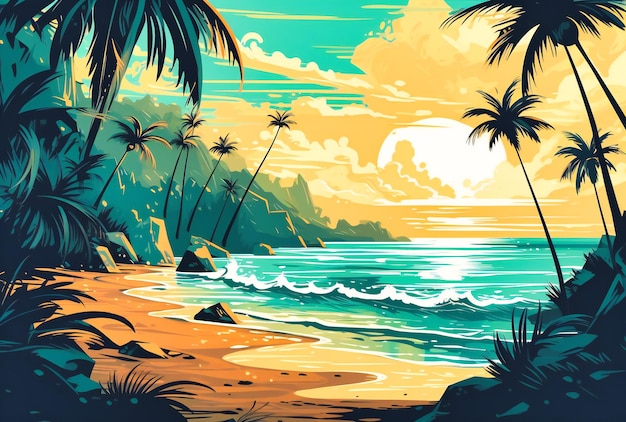 Praia tropical com palmeiras ao fundo