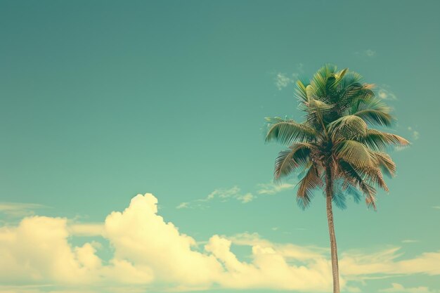 Praia tropical com palmeiras céu azul e nuvens brancas