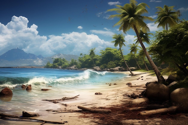 praia tropical com palmeiras de coco e céu azul em estilo retro