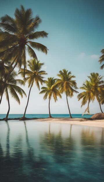 Praia tropical com palmeiras de coco e filtro vintage de céu azul