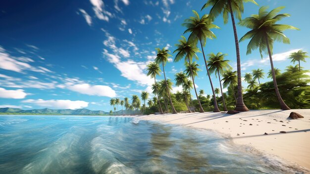 Foto praia tropical com palmeiras e água azul-turquesa geradora de ia