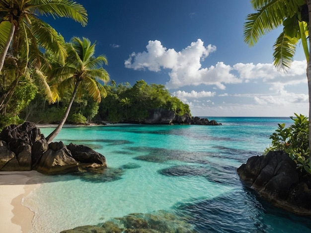 Praia tropical com palmeiras e água clara