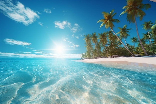 Praia tropical com palmeiras e areia branca sob o céu azul Ai Gerado