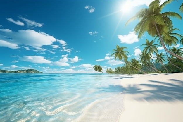 Praia tropical com palmeiras e areia branca sob o céu azul Ai Gerado