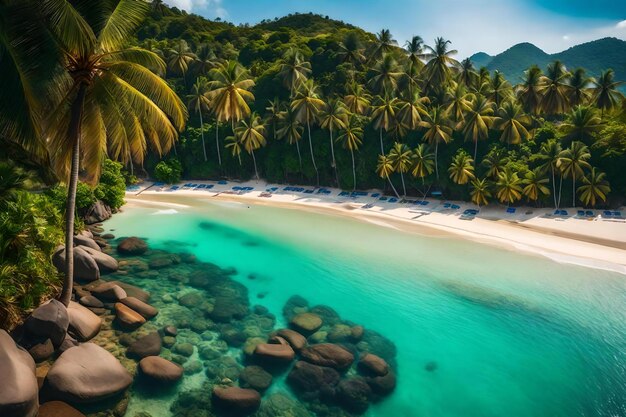 Foto praia tropical com palmeiras e cadeira de praia.