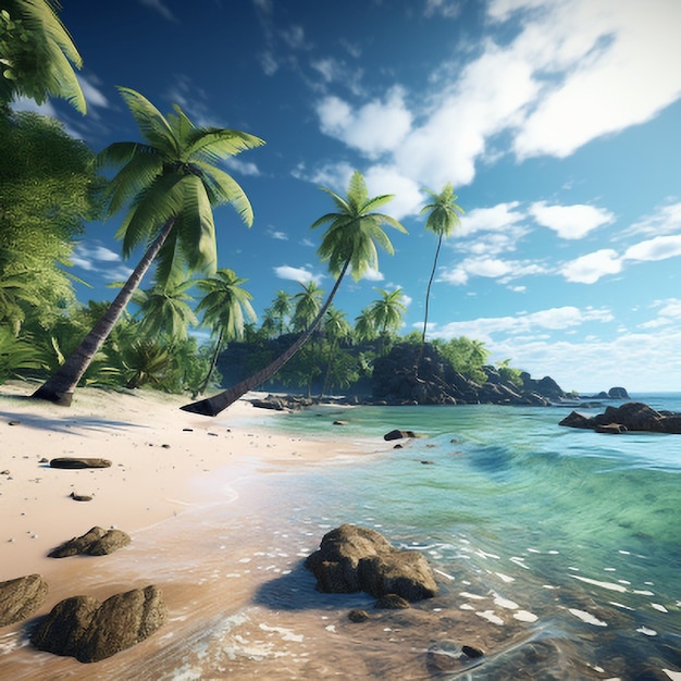Praia tropical com palmeiras e céu azul