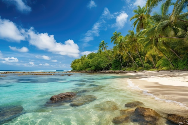 Praia tropical com palmeiras e oceano azul ao fundo criado com ai generativo