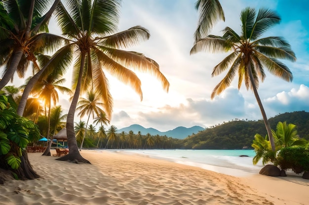 Praia tropical com palmeiras e pôr do sol ao fundo