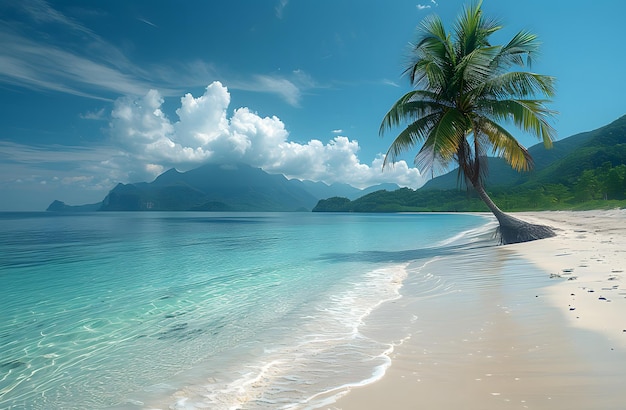 Praia tropical com uma palmeira solitária água azul clara areia branca e montanhas à distância sob um céu parcialmente nublado