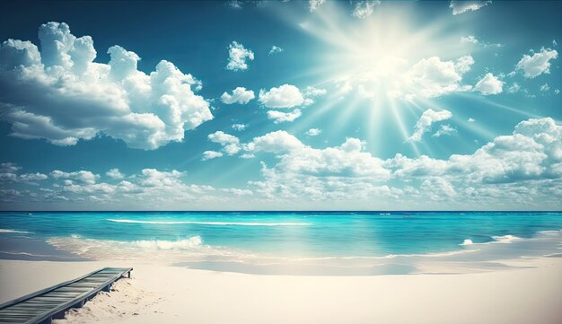 Praia tropical de férias de verão com céu azul e mar para relaxar praia panorâmica Generative AI
