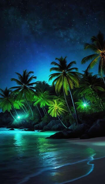 Foto praia tropical e noite com estrelas de néon