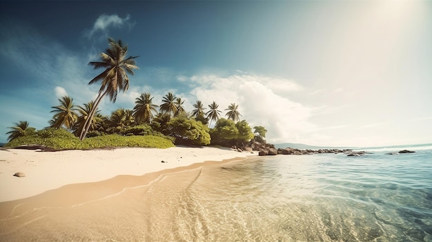 Praia tropical e palmeiras com paisagem ensolarada de férias no oceano gerada ai