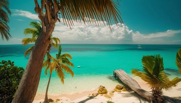 Praia tropical ensolarada do Caribe com palmeiras e água turquesa Ilha do Caribe Generative Ai