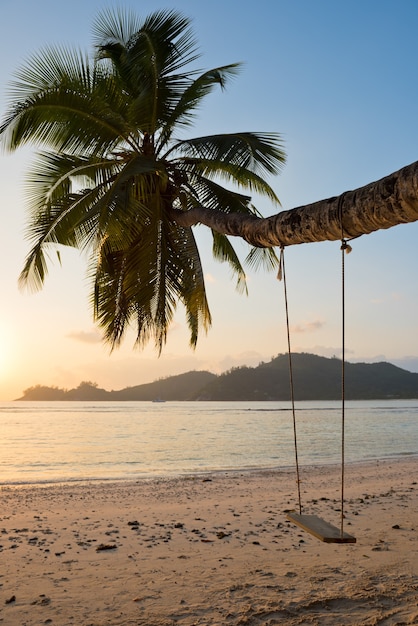 Praia tropical na ilha de Mahe Seychelles. Tiro vertical