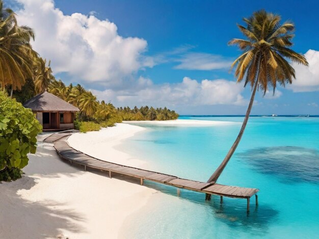 Praia tropical nas Maldivas com poucas palmeiras e lagoa azul