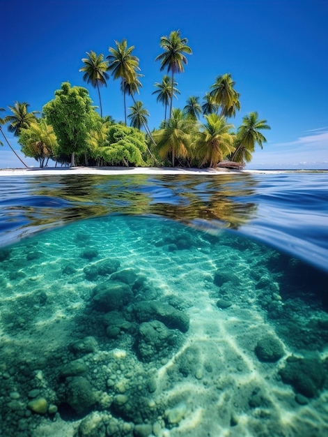 Praia tropical numa pequena ilha com palmeiras