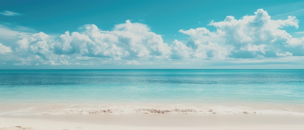 Praia tropical serena com água turquesa e nuvens fofas